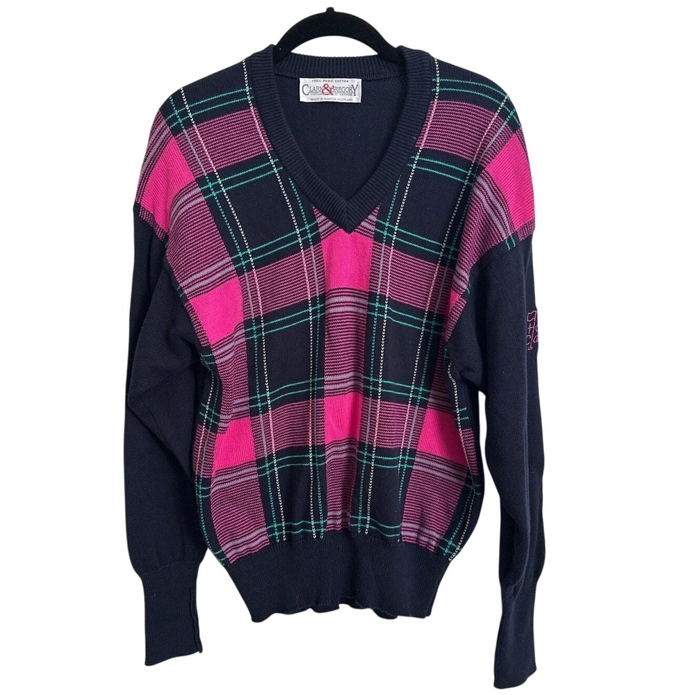 Vintage Clark & Gregory Scotland Cotton Plaid Golf Sweater Honda Classic Navy M